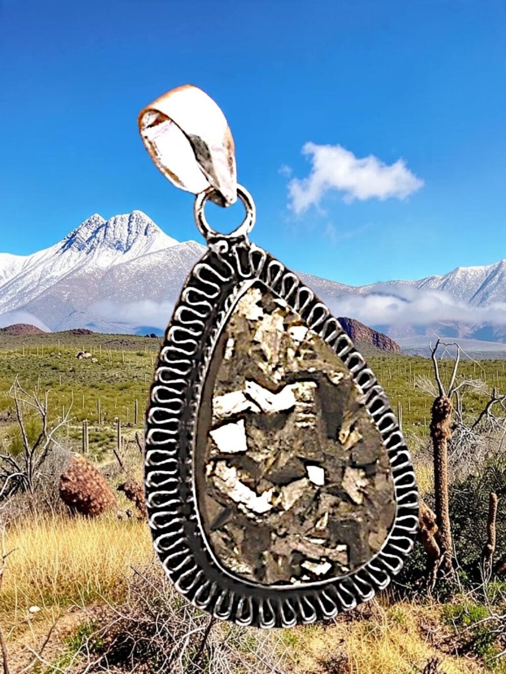 Apache Pyrite Druzy Gemstone Ethnic Handmade Pendant 2"